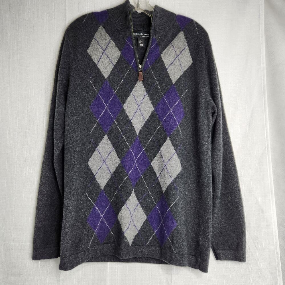 Harrison Davis Cashmere Sweater 1/4 Zip Mock Turtle Neck M Argyle Gray Purple